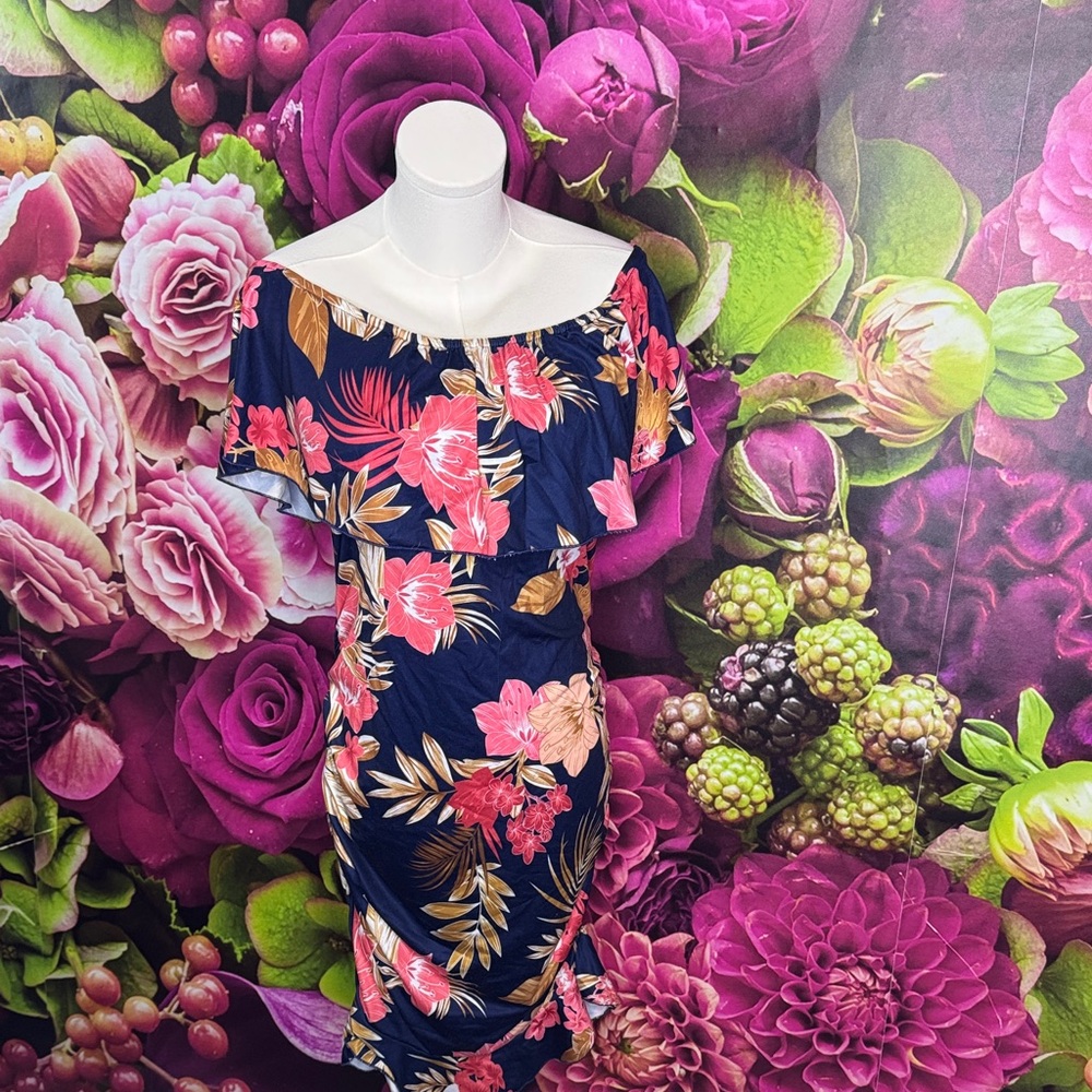 SHEIN Navy One-Shoulder Floral Ruffle Dress